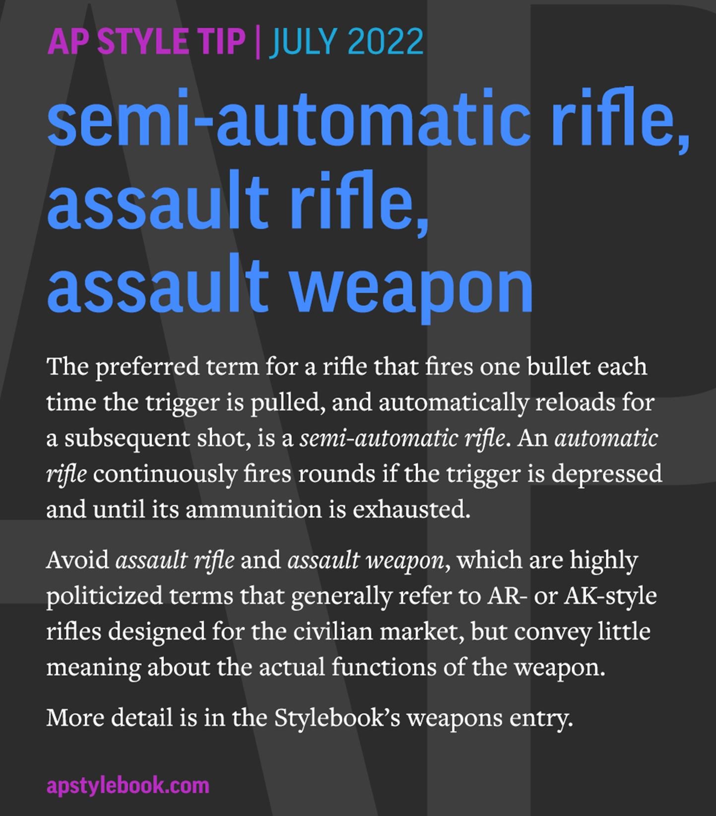 Image of the AP Stylebook entry defining assault weapon
